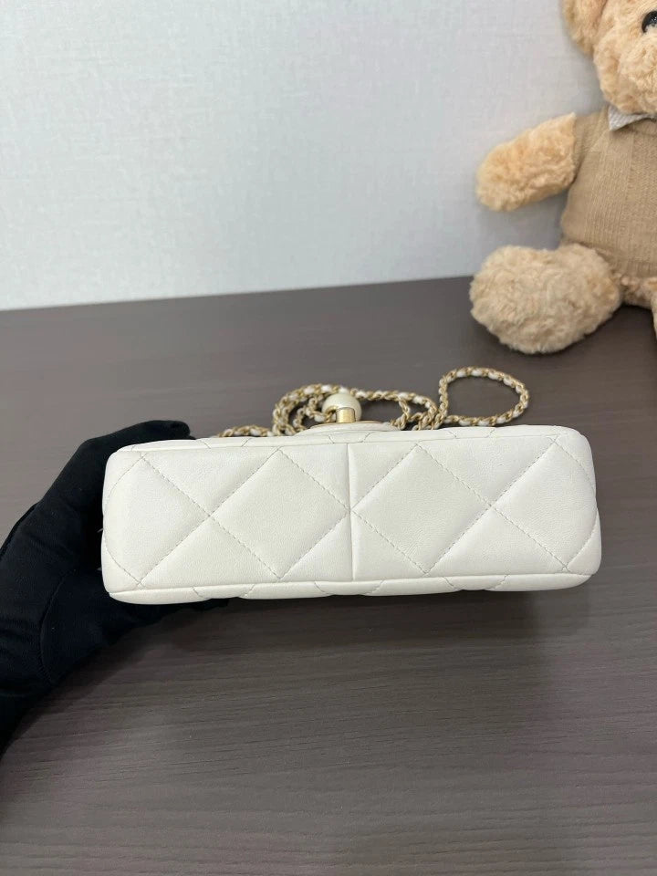 CHANEL 24S Lambskin Pearl Flap Square Crossbody Bag For Women