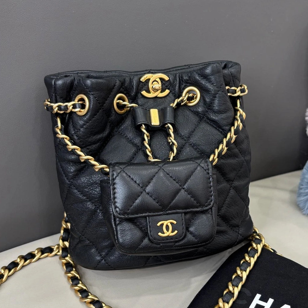 Chanel Diamond Calfskin Chain Backpack Black Gold Women Classic