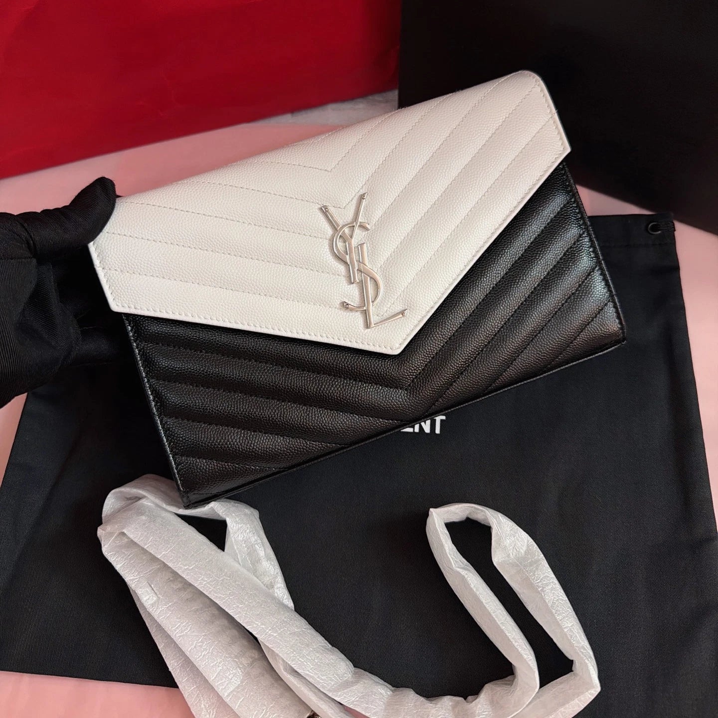 Saint Laurent Envelope MM Calfskin Chain Shoulder Crossbody Black White Women