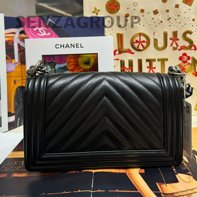 Chanel Le Boy Black Silver Chevron Chain Shoulder Crossbody Bag