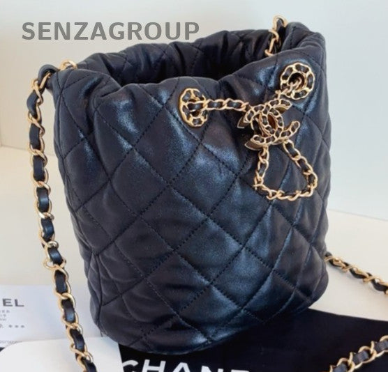 Chanel Diamond Chain Bucket Shoulder Bag Crossbody Black Gold Women Classic