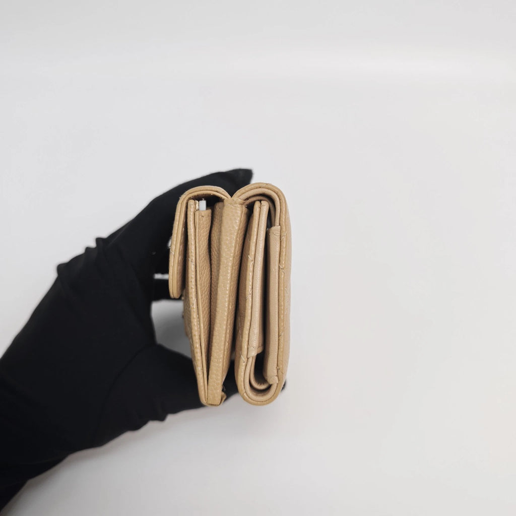 Authentic CHANEL Beige CF Gold Buckle Trifold Short Wallet Card holder For Women