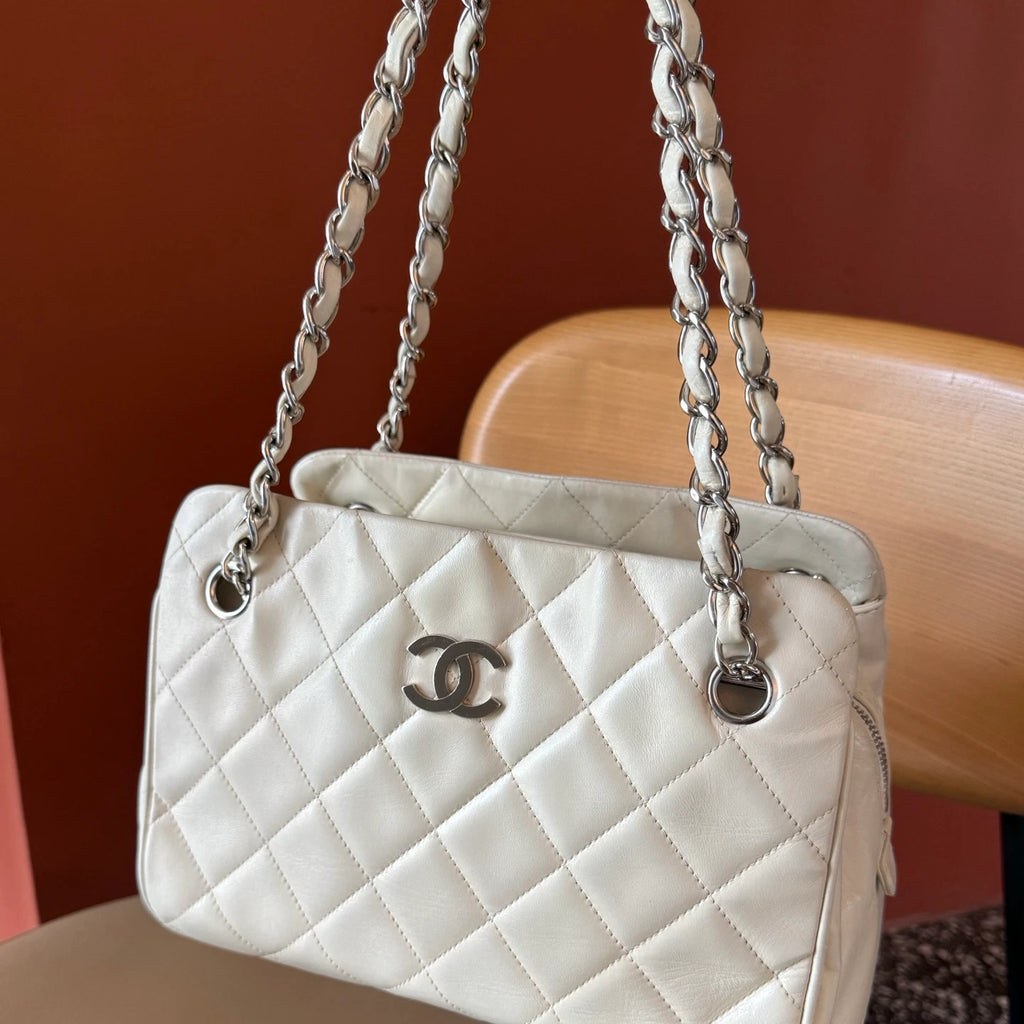 Authentic Chanel Bowling Lambskin Chain Shoulder Bag White Silver Hardware