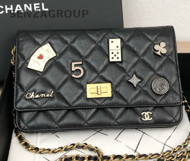 Chanel 2.55 Chain Shoulder Bag Crossbody Black Gold Women Classic Diamond