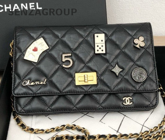 Chanel 2.55 Chain Shoulder Bag Crossbody Black Gold Women Classic Diamond