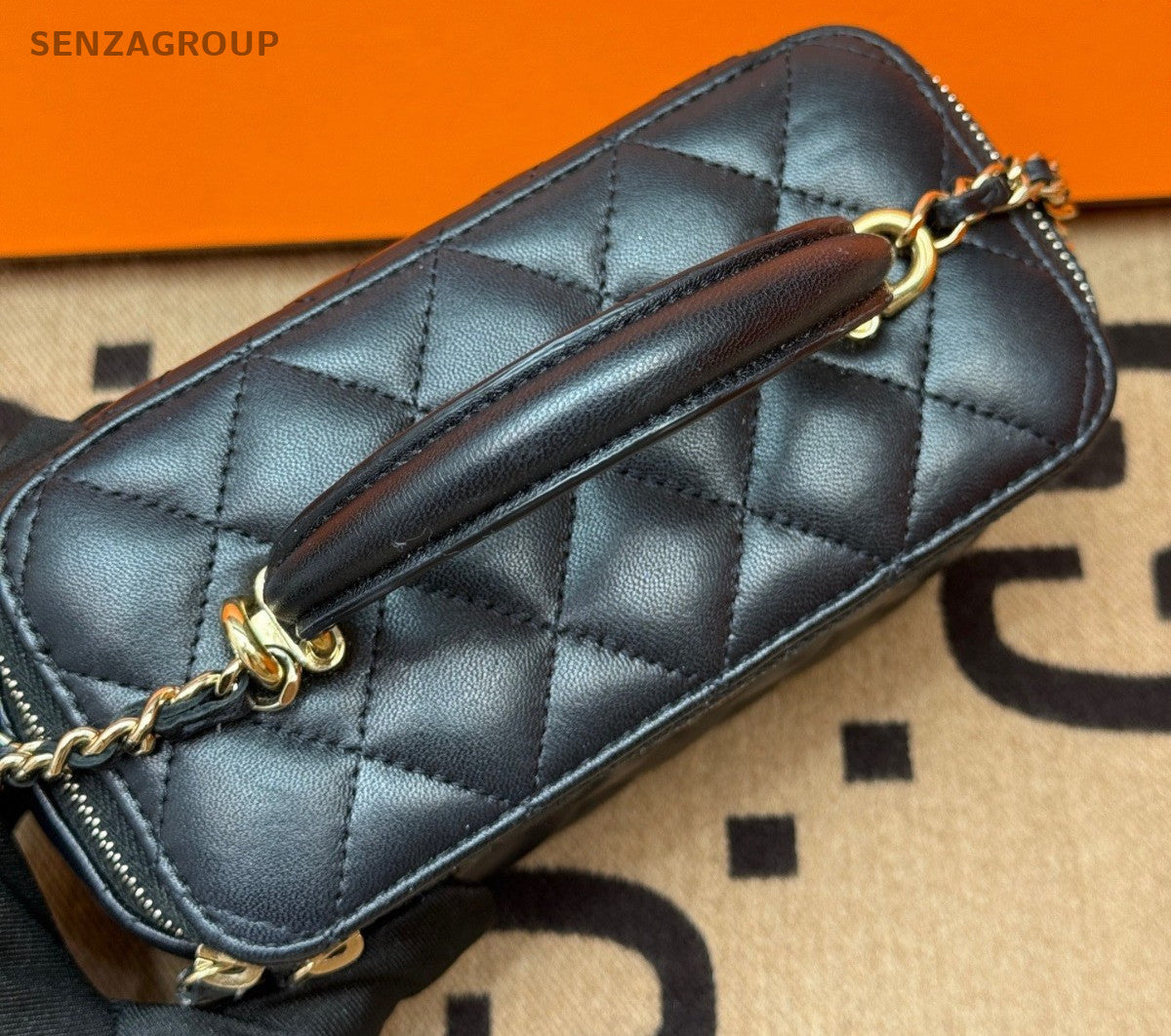 Chanel Lambskin Diamond Box Top Handle Bag Chain Crossbody Black Gold Women