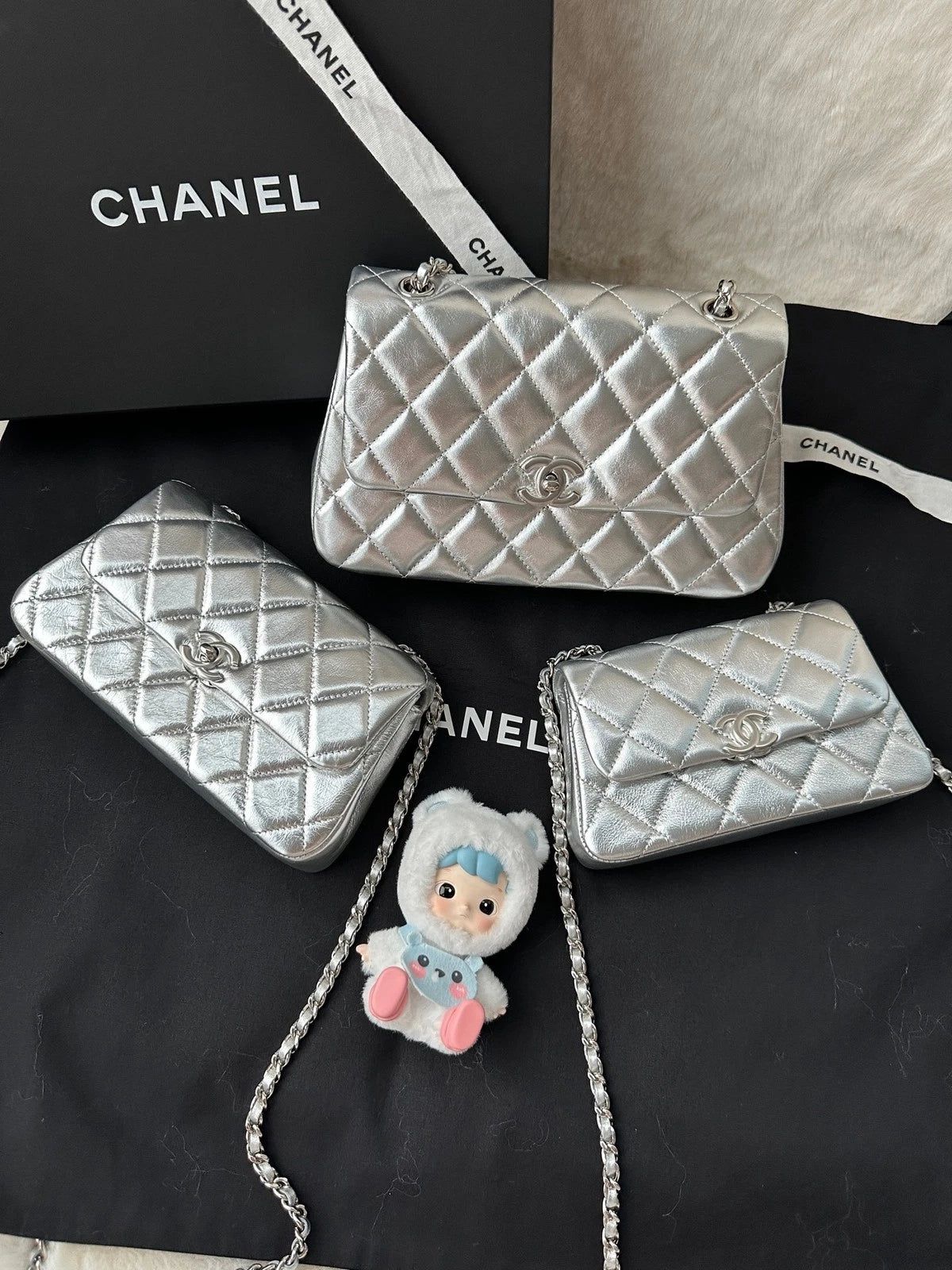 CHANEL Silver CF Mini Calfskin Flap Shoulder Crossbody Bag For Women