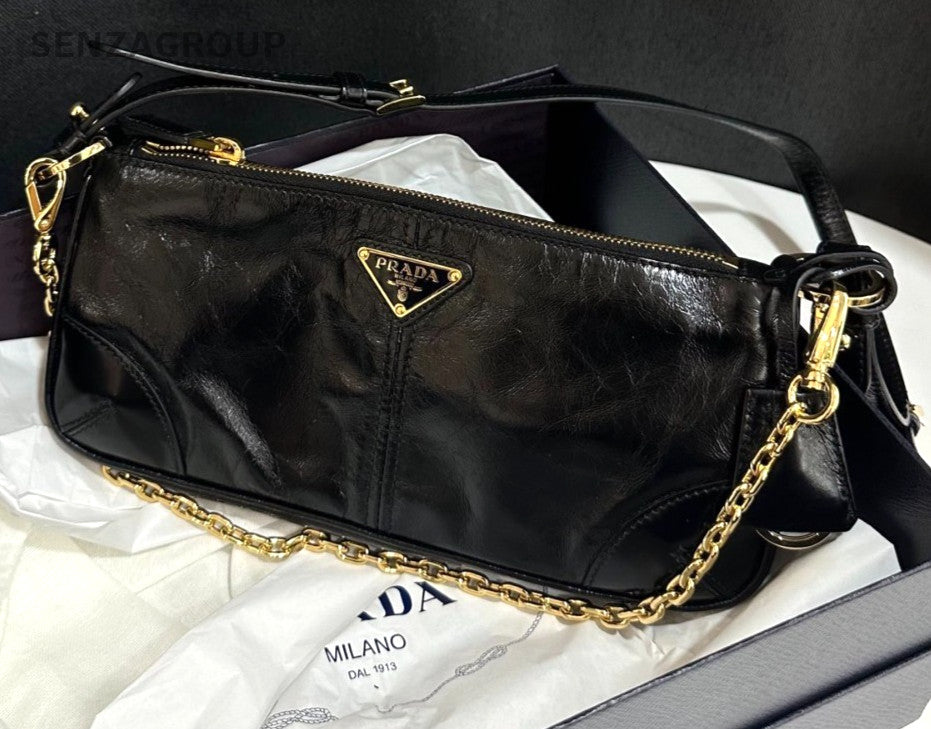 PRADA Triangular enamel metal Shoulder Handbag Black Gold Oil waxed leather