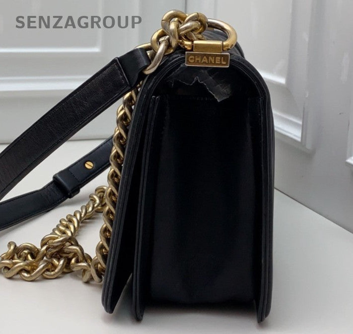 Chanel Leboy Chain Calfskin Shoulder Bag Black Gold Women Classic Diamond