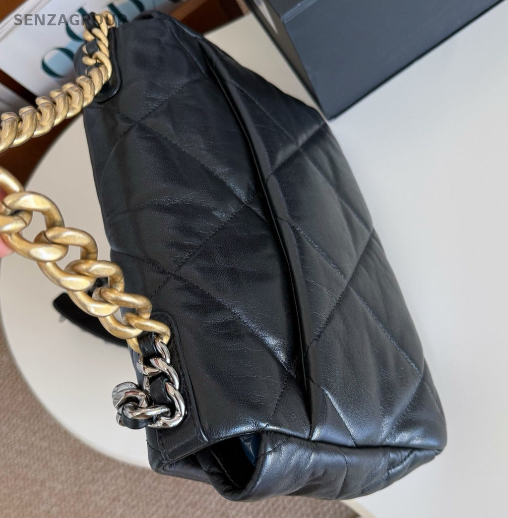 Chanel 19Bag MM Chain Shoulder Bag Crossbody Black Gold Women Classic Fashion