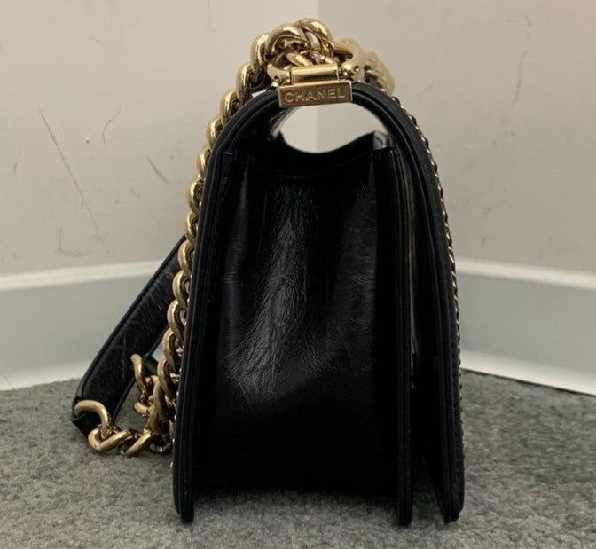 Chanel Leboy MM Chevron Chain Shoulder Bag Black Gold Women Classic Fashion