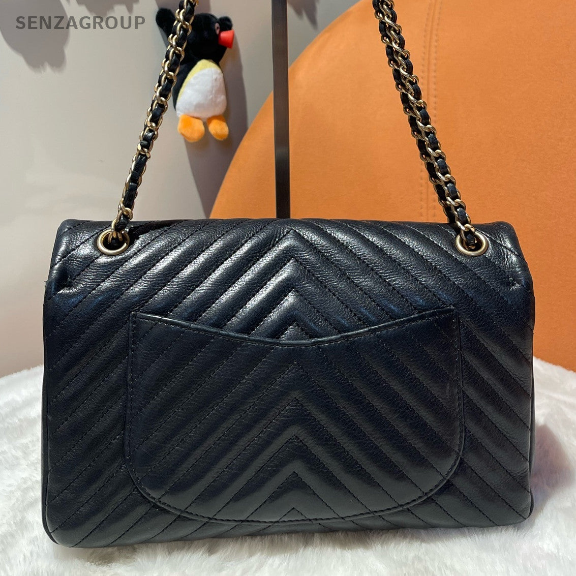 Chanel CF Black Gold Calfskin V-Pattern Chain Shoulder Bag Vintage