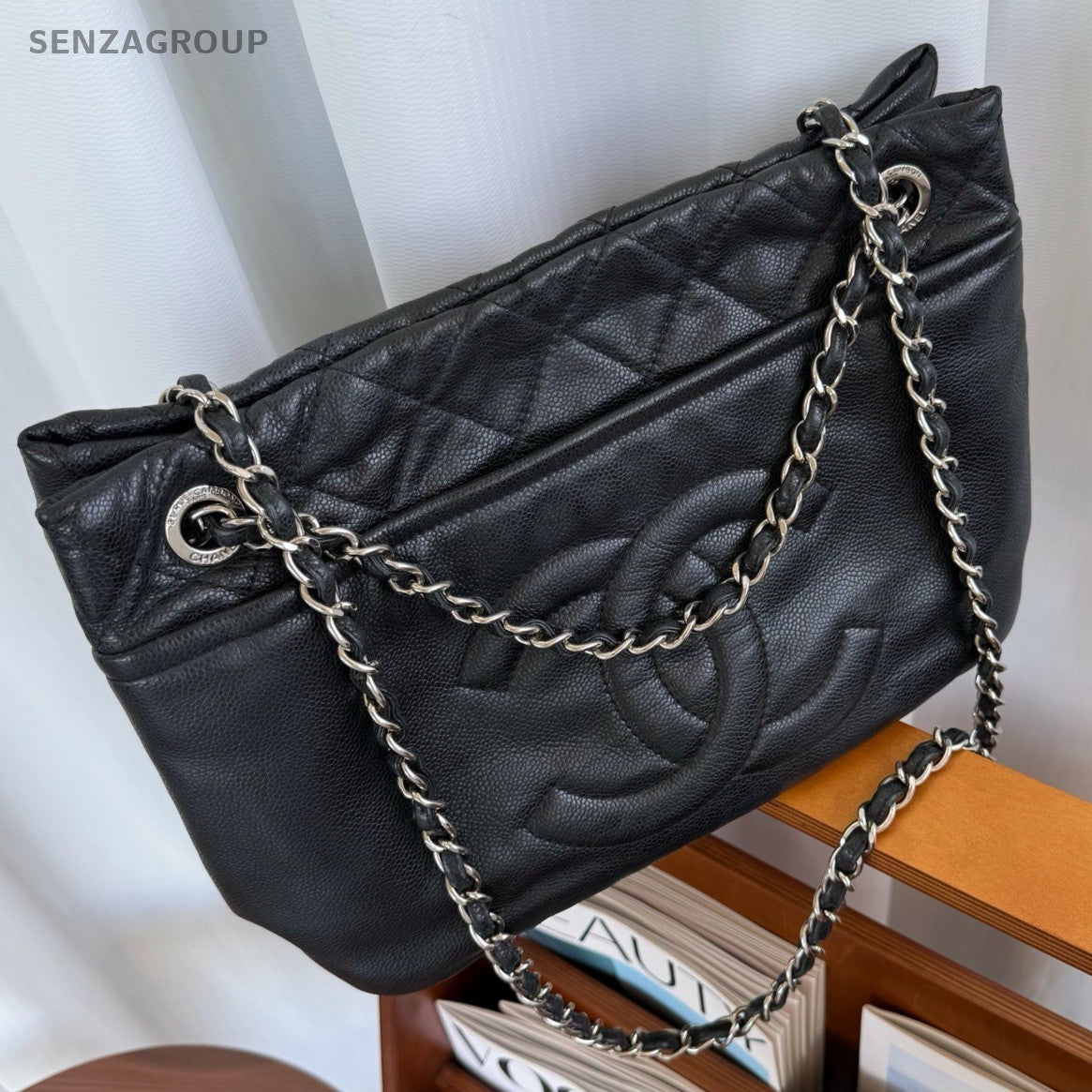 CHANEL CC Relief carving Calfskin Tote Chain Shoulder bag Black Silver Women