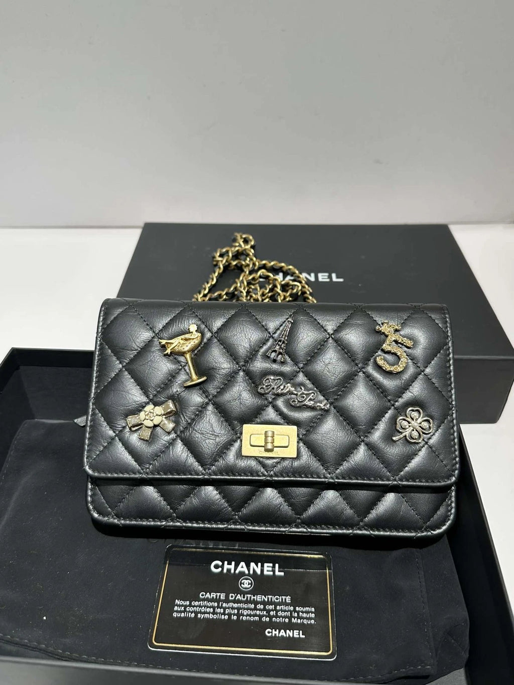 CHANEL Black Gold 2.55 WOC Leather Chain Shoulder Bag For Women