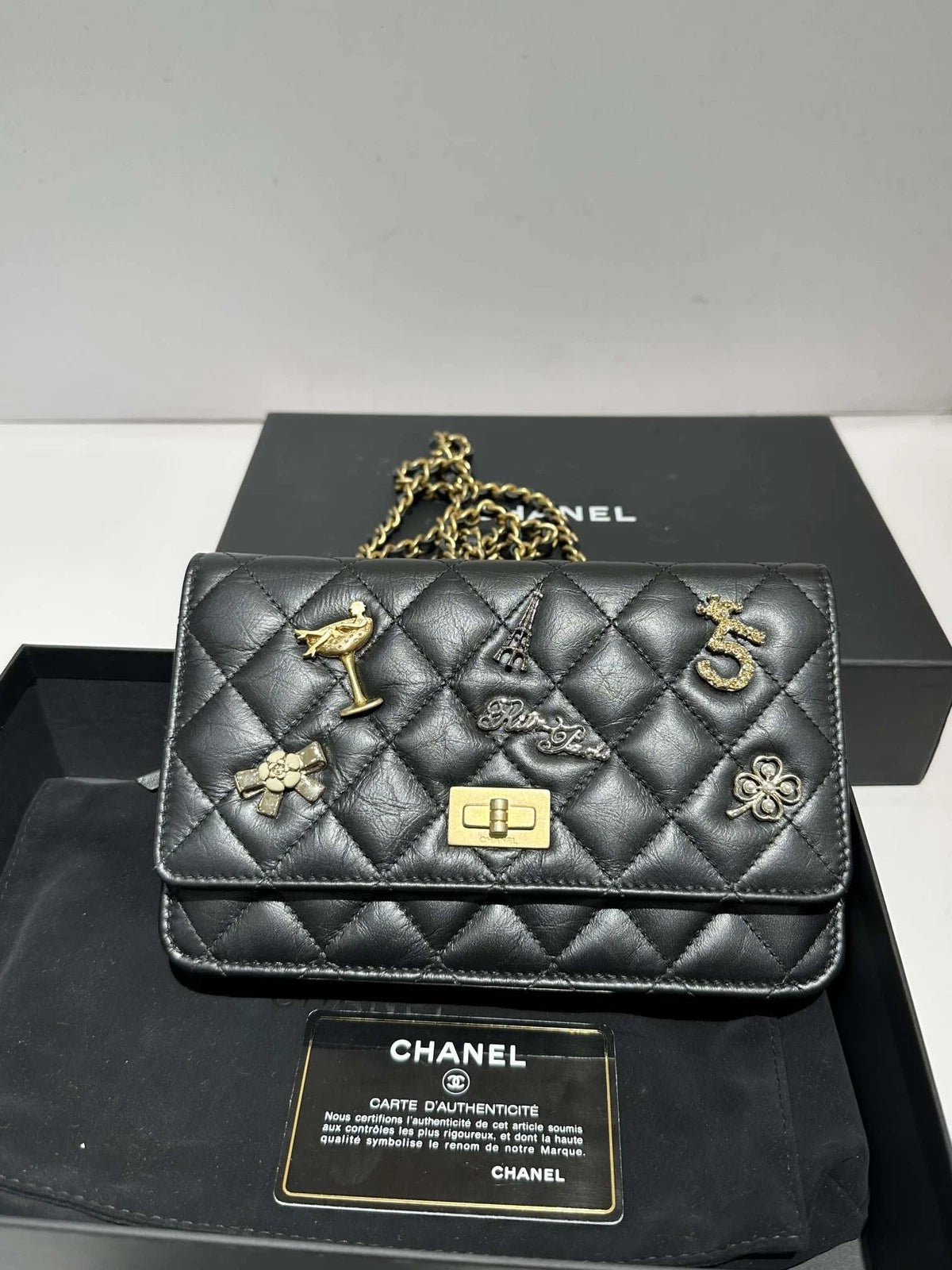 CHANEL Black Gold 2.55 WOC Leather Chain Shoulder Bag For Women