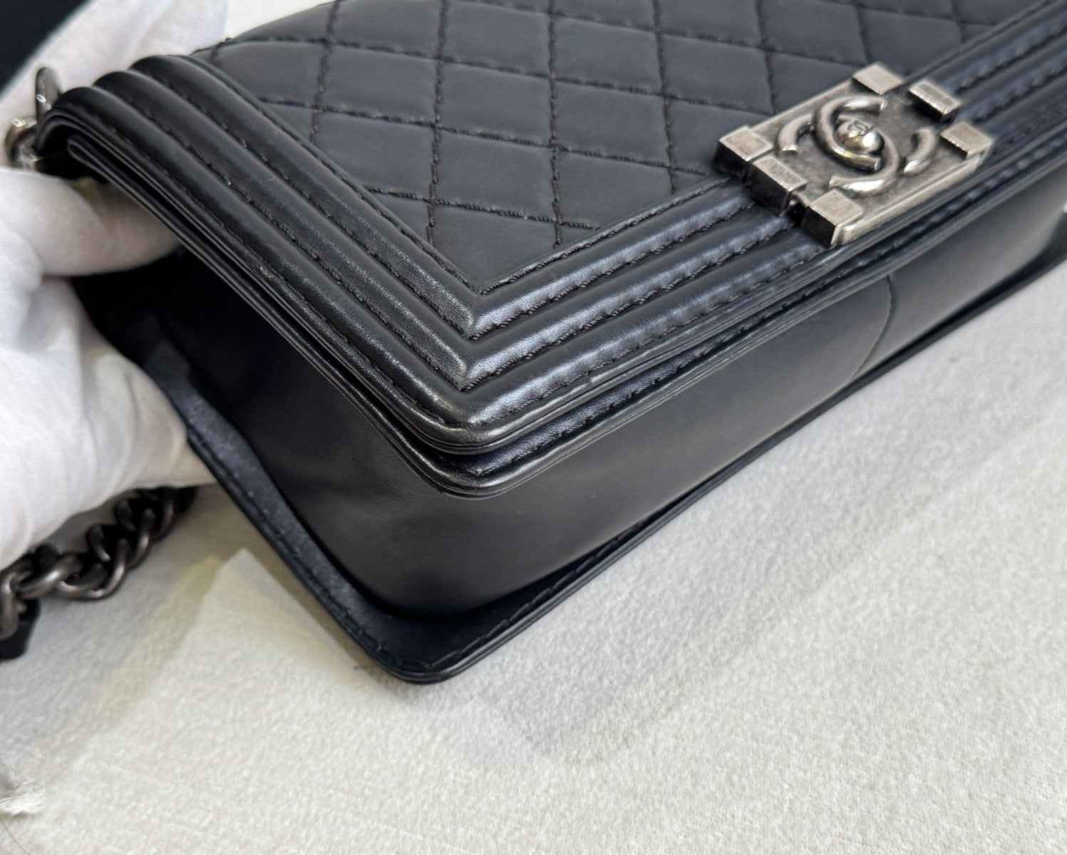 Chanel Leboy MM Chain Shoulder Bag Crossbody Black Silver Women Classic Diamond