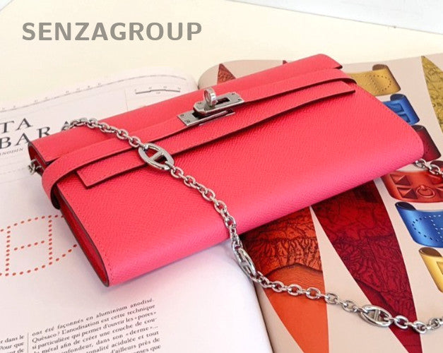 Hermes Kelly Long Wallet Epsom Leather DIY Chain Pink Women Almost Brand NEW