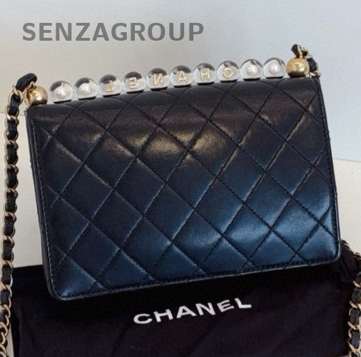 Chanel Classic Flap Pearl Chain Shoulder Bag Crossbody Black Gold Women Fashion