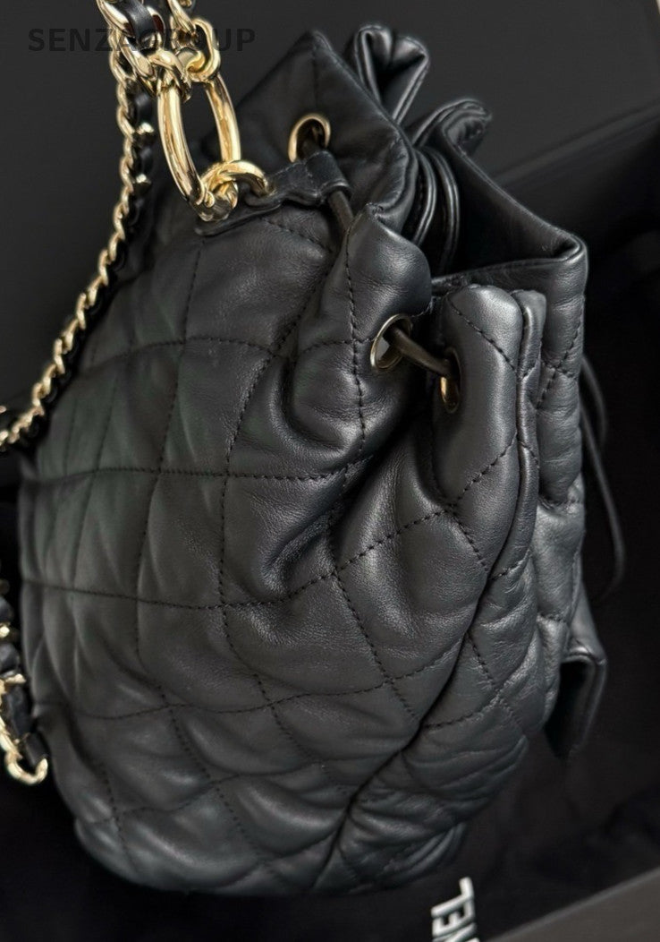Chanel 23B Diamond Chain Drawstring Backpack Black Gold Women Classic Fashion