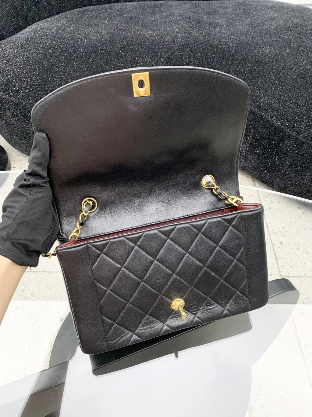Chanel Classic Flap Lambskin Chain Shoulder Bag Black Gold Women Vintage S