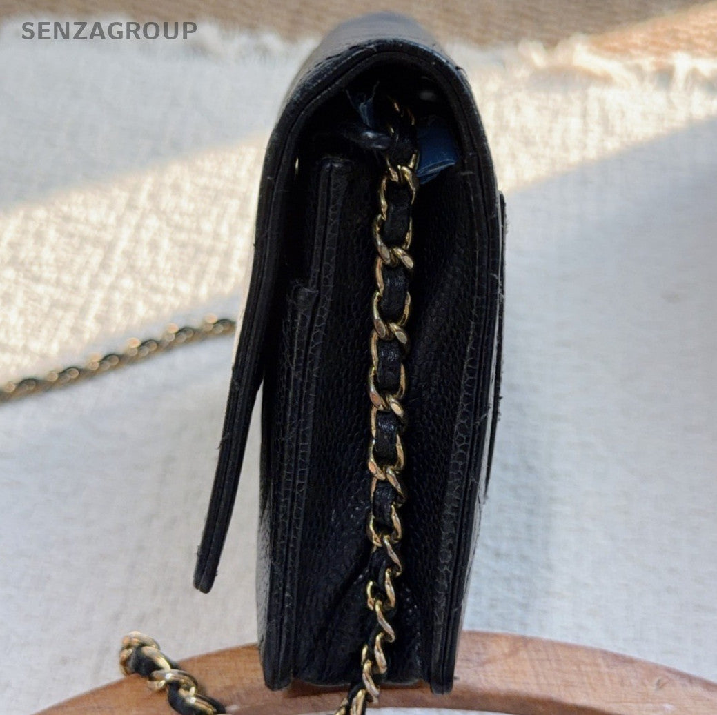 Chanel WOC Diamond Chain Shoulder Bag Crossbody Black Gold Women Classic