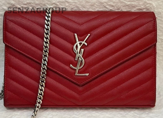 YSL Saint Laurent MM Caviar Leather woc Chain Shoulder Crossbody Bag Red Women