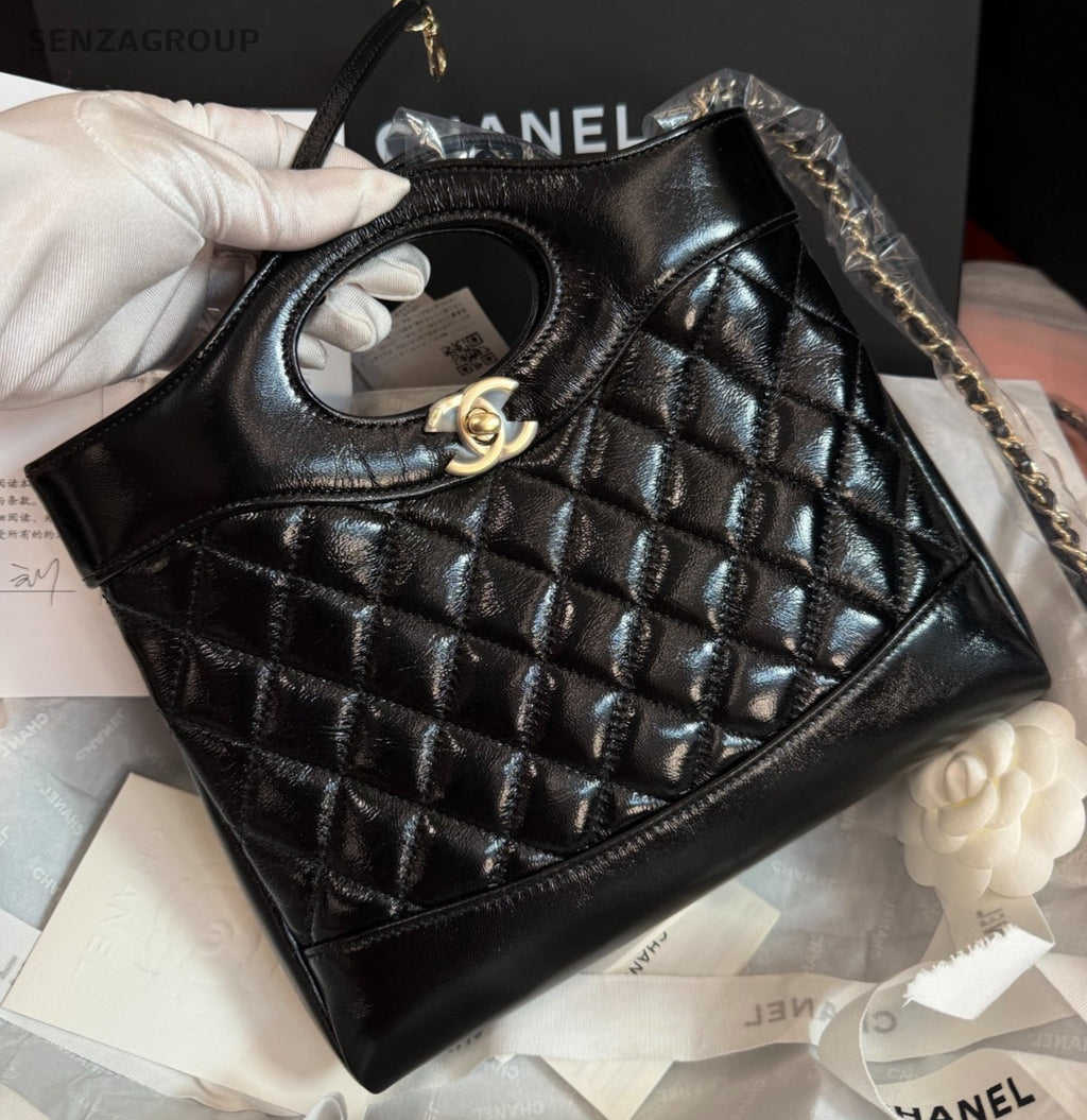Chanel 31Bag Lambskin PM Top Handle Shoulder Crossbody Black Gold Women Classic