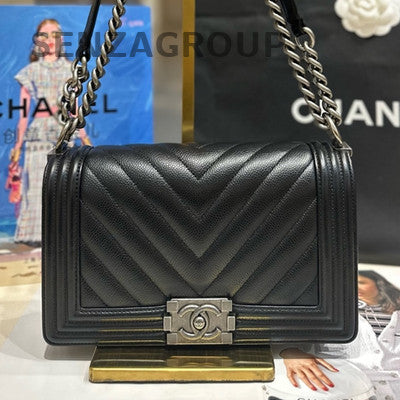 Chanel Le Boy Black Silver Chevron Chain Shoulder Crossbody Bag