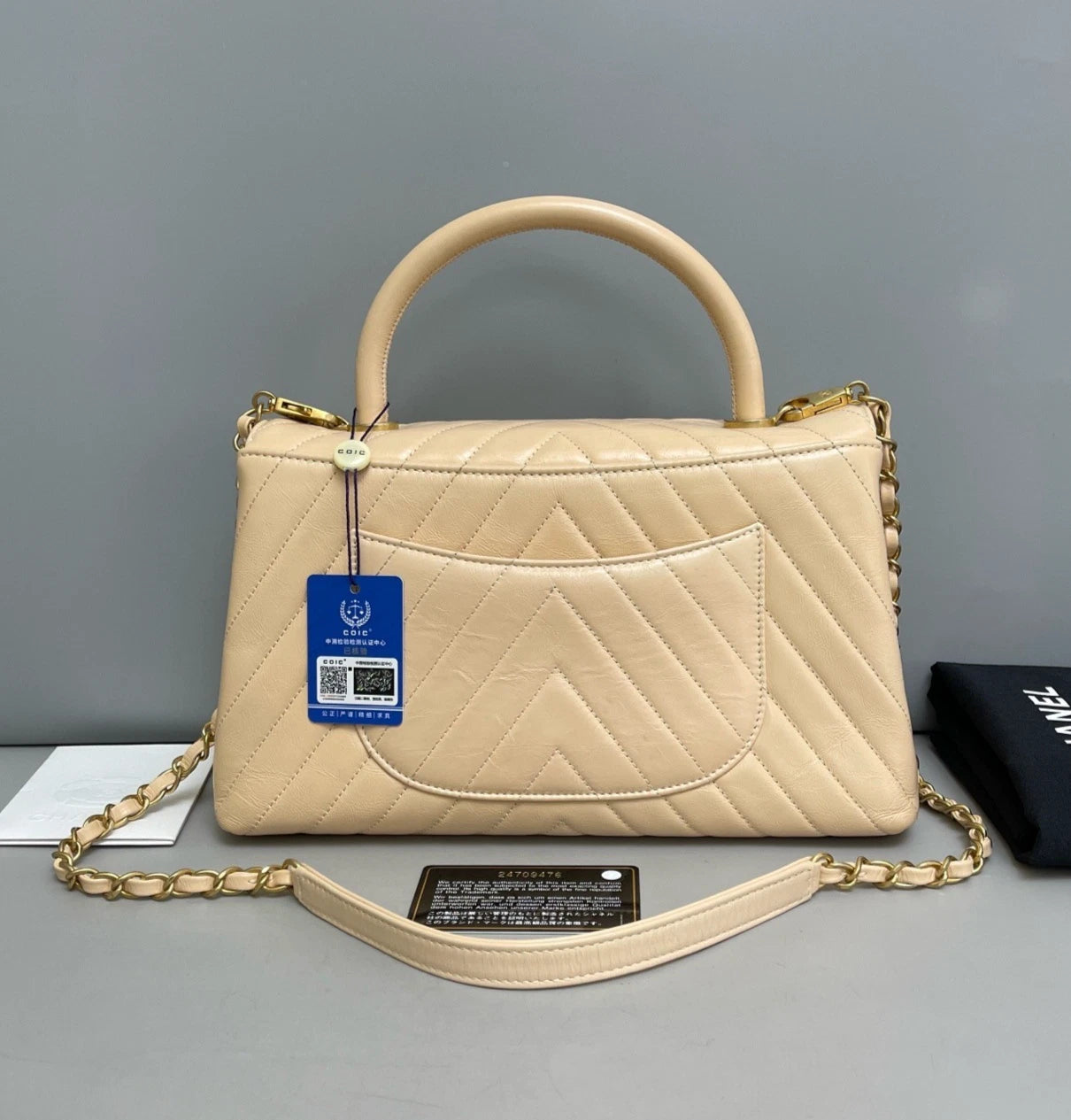 Chanel Coco Handle Calfskin Chevron Top Handle Bag Shoulder Bag Beige Women