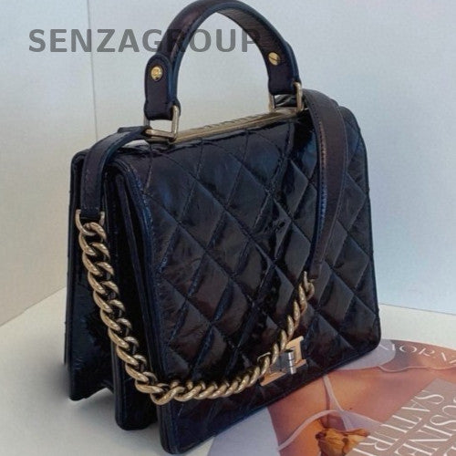 Chanel Quilted Leather Top Handle Shoulder Crossbody Bag Black Gold Women