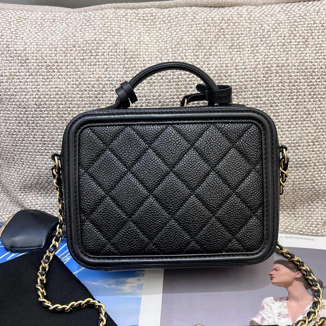 Chanel Vanity Case PM Chain Top Handle Crossbody Black Gold Women Diamond