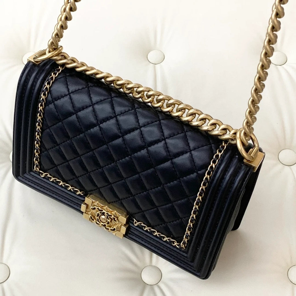 Chanel Leboy MM Chain Shoulder Bag Crossbody Black Gold Diamond Women Classic S
