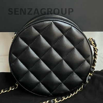 Chanel Black Gold Lambskin Round Quilted Chain Shoulder Crossbody Bag