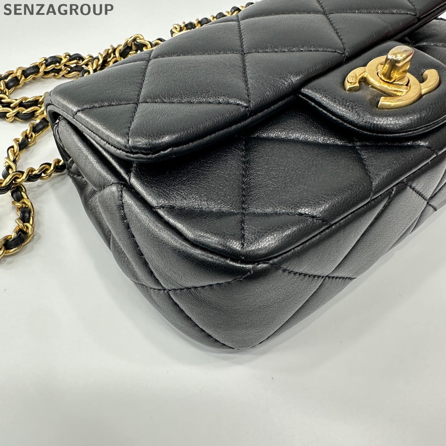 Chanel Classic Flap Double Pearl Chain Shoulder Crossbody Bag Black Gold