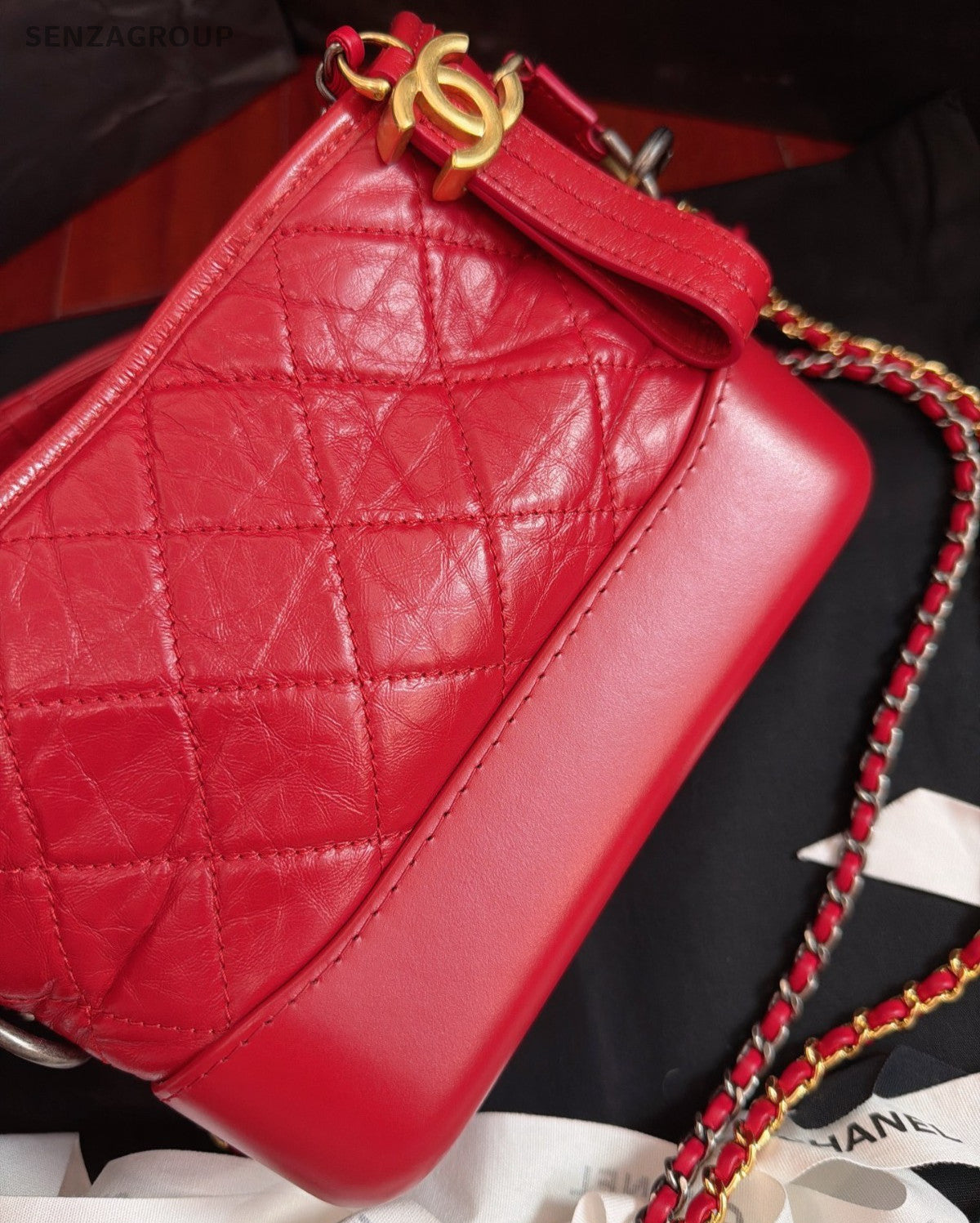 Chanel Gabrielle Calfskin PM Chain Shoulder Bag Crossbody Red Gold Diamond Women