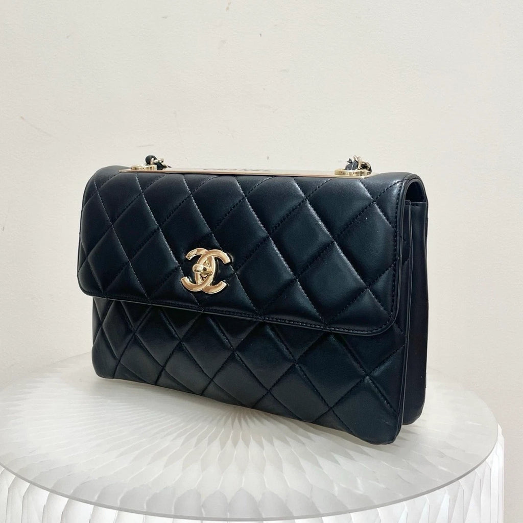 Chanel Trendy CC Lambskin Chain Shoulder Bag Black Gold Women Diamond Classic