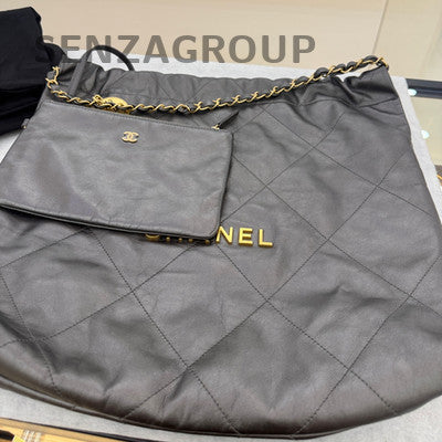 Chanel 22 Bag Grey Gold Medium Quilted Chain Shoulder Bag Classic Women