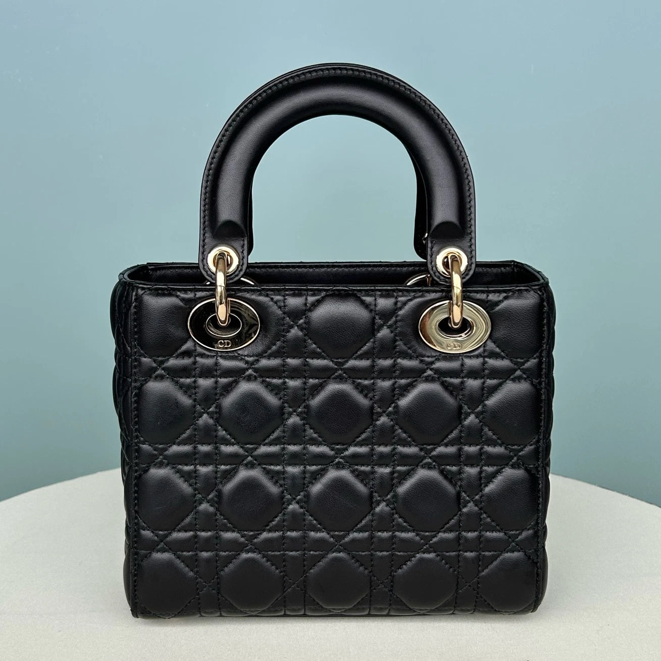 Dior Lady Dior Lambskin Black Gold Crossbody Top Handle Excellent