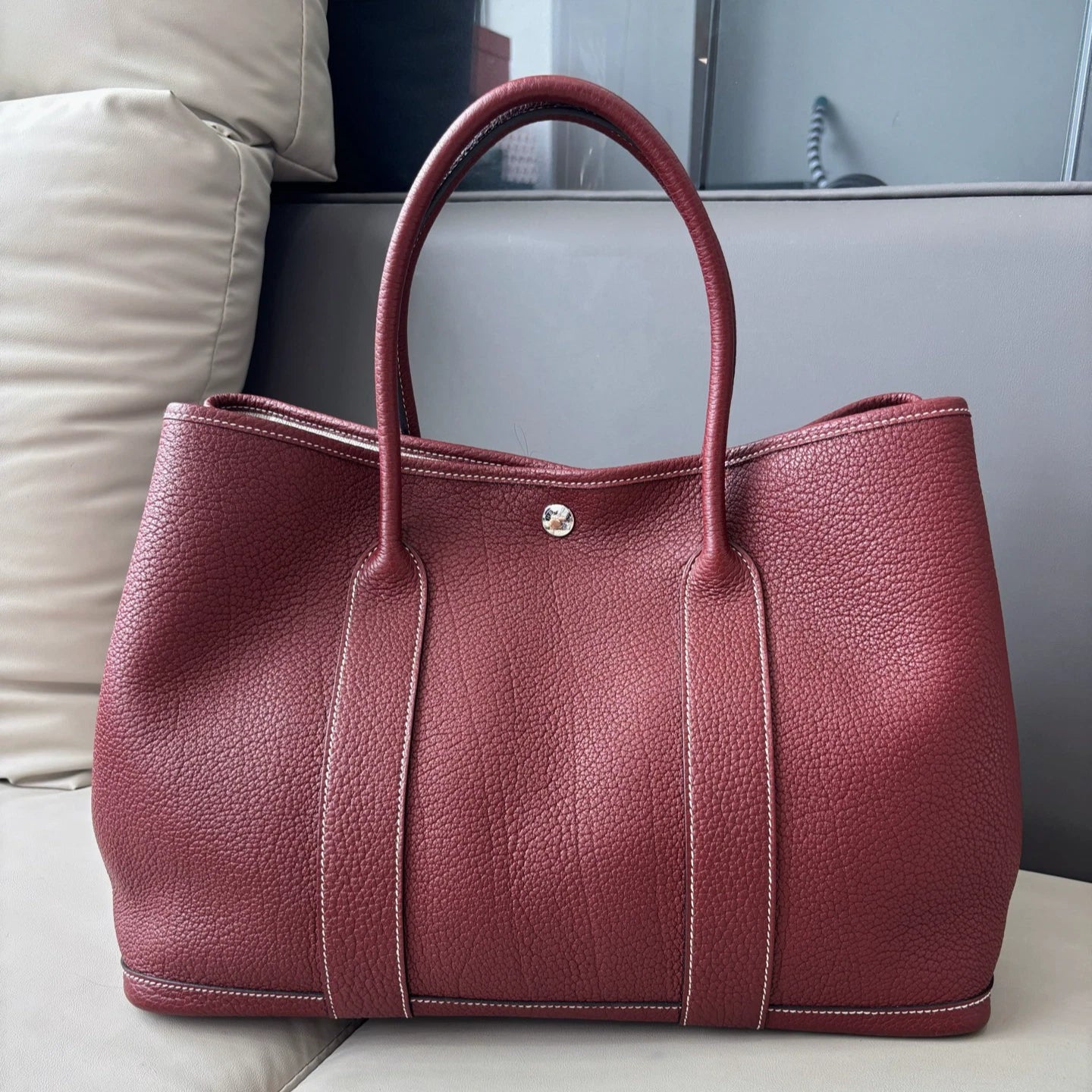 Authentic Hermes Garden Party36 Red Tote Handbag Silver Hardware