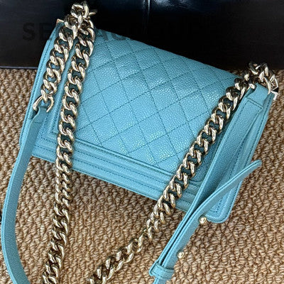 Chanel Lambskin Small Boy Bag Blue Gold Chain Crossbody Shoulder Bag