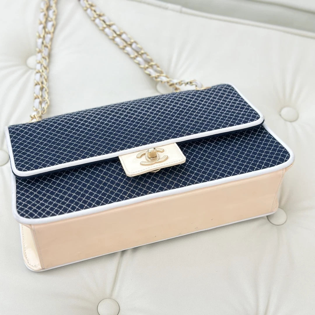 Chanel Classic Flap Grid Canvas Chain Shoulder Crossbody Blue White Gold Women