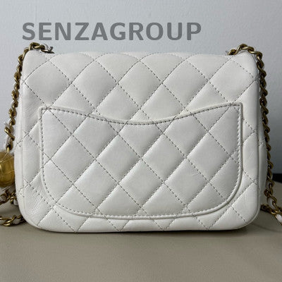 Chanel Classic Flap Bag White Gold Lamb Leather Chain Shoulder Crossbody