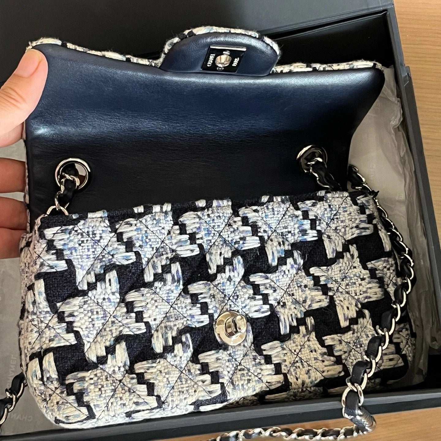 Chanel Large Mini Bag Houndstooth Tweed Shoulder Bag Gold Hardware Women