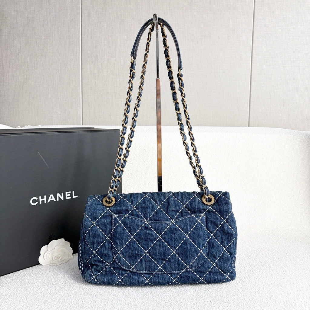 Chanel Classic Flap Denim Chain Shoulder Bag Crossbody Blue Gold Women Diamond