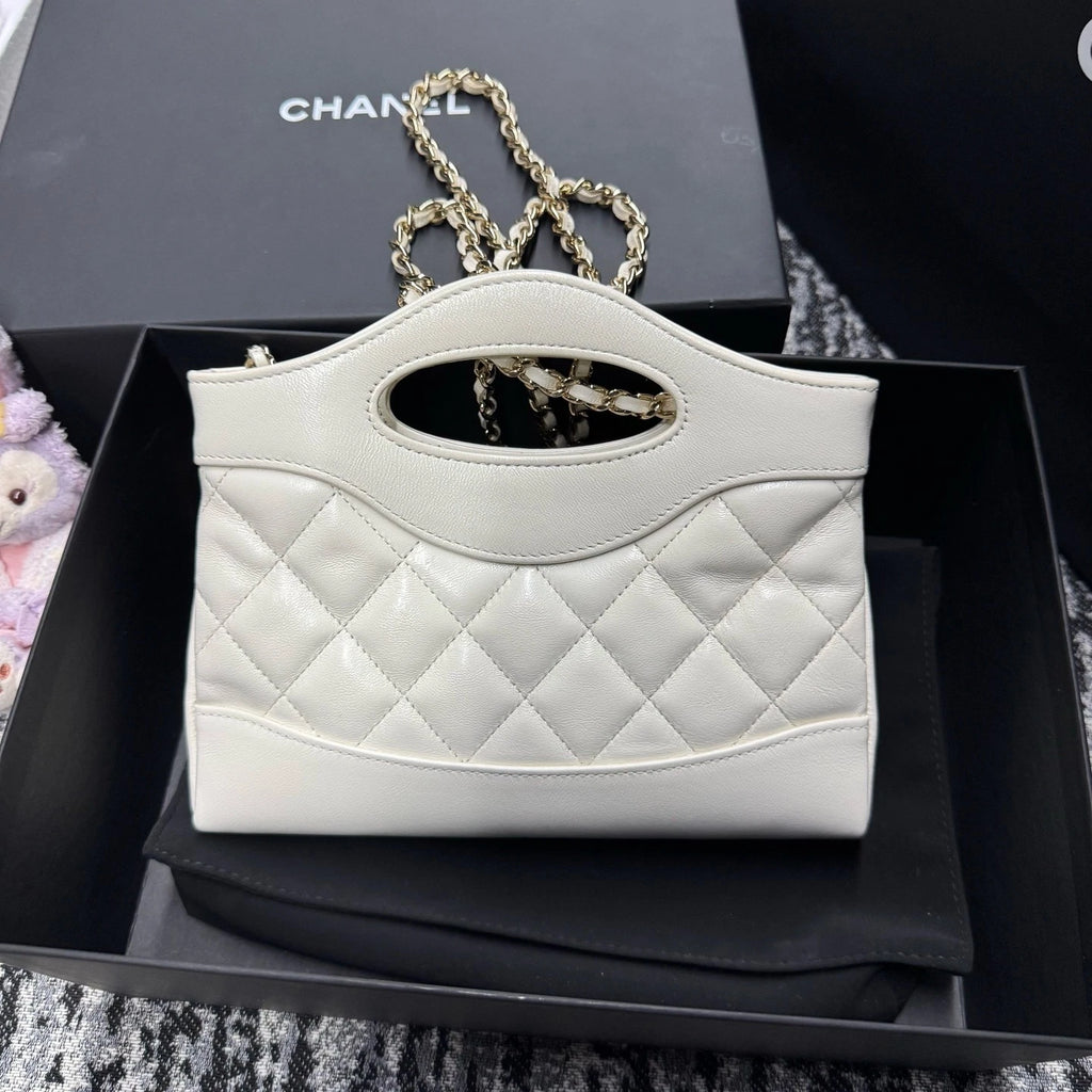 Chanel 31 Nano Lambskin Tote Bag White Gold Excellent