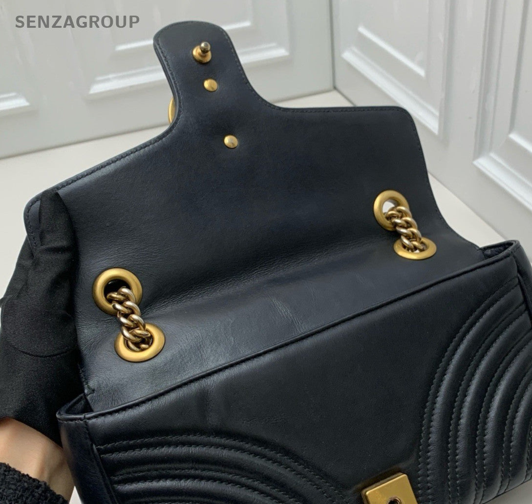 Gucci Marmont Chain Crossbody Shoulder Bag Black Gold Women Classic