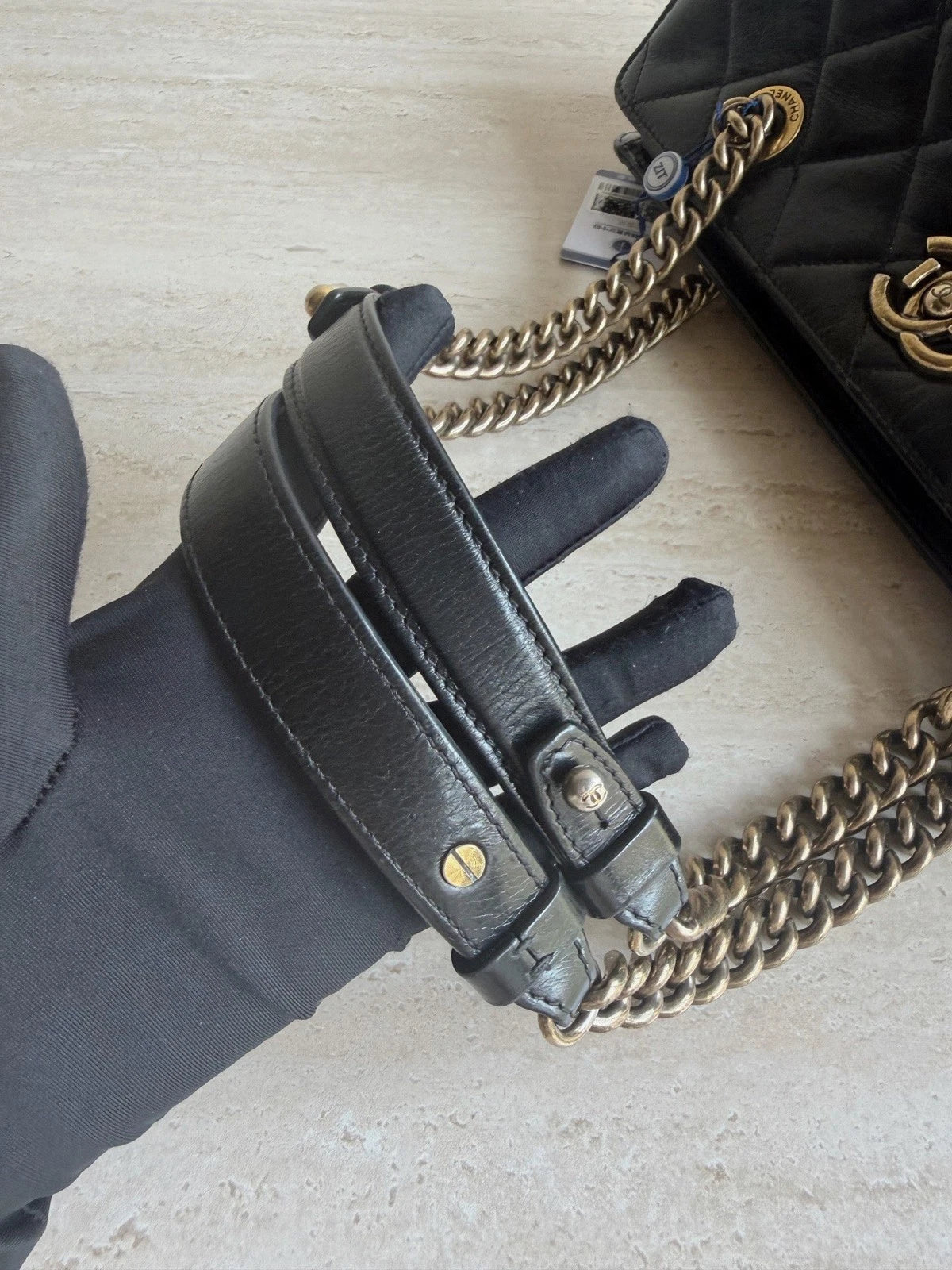 Chanel Diamond Tote Gold Hardware Chain Shoulder Bag in Black Leather