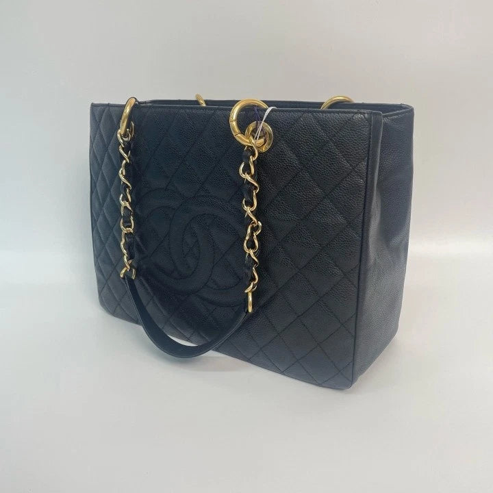 CHANEL GST Medium Black Gold Leather Tote Bag For Women