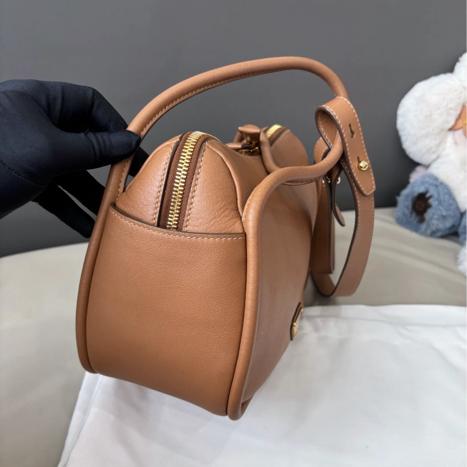 Prada Darling Calfskin 2Way Top Handle Crossbody Brown Gold Women Classic