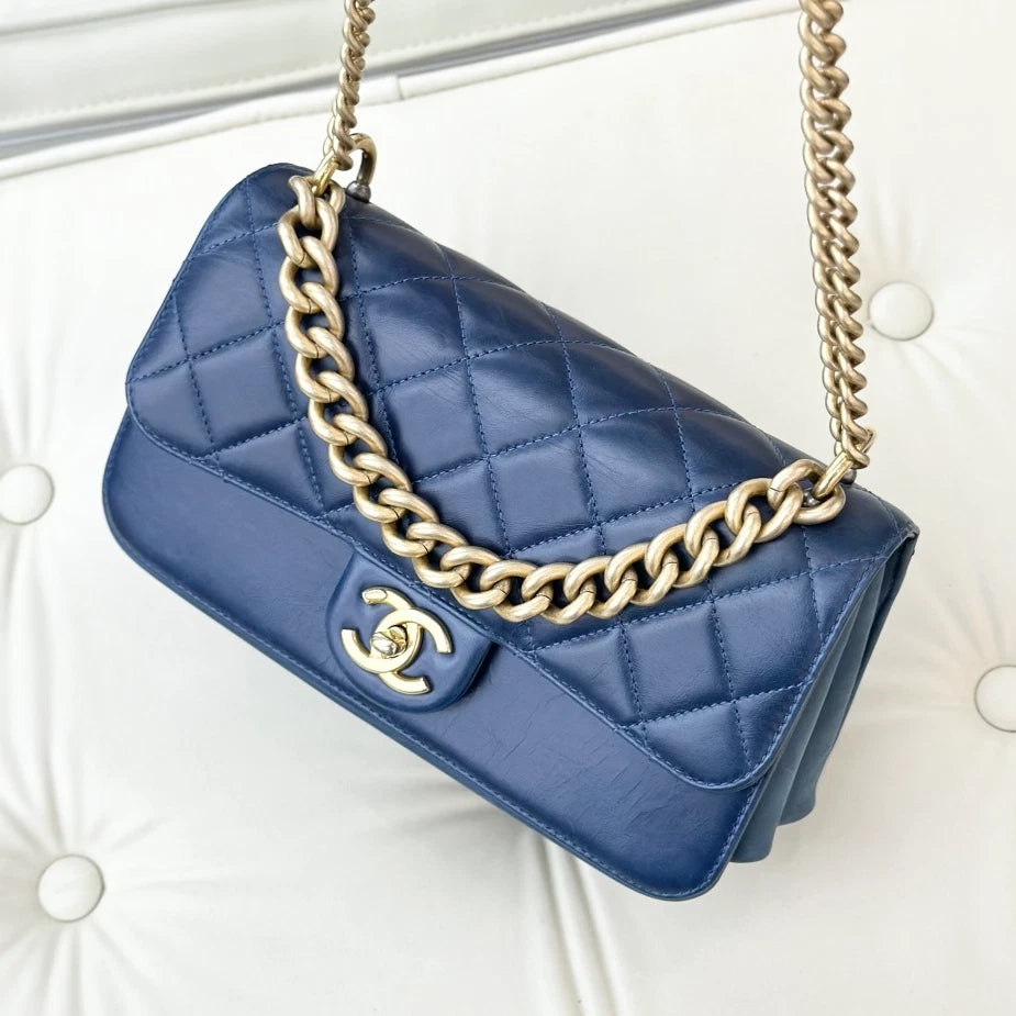 Chanel Diamond PM Chain Top Handle Bag Crossbody Navy Gold Women Classic S
